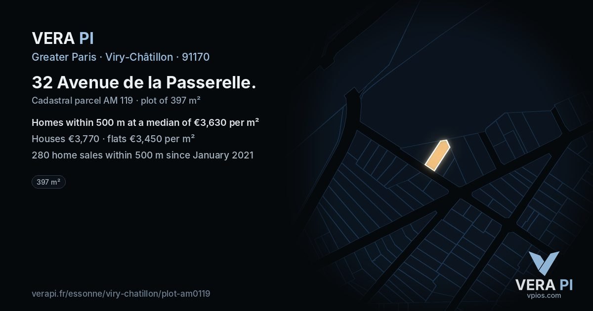 32 Avenue de la Passerelle, Viry-Châtillon at night – the plot lit, the parcels around coloured by the prices near them