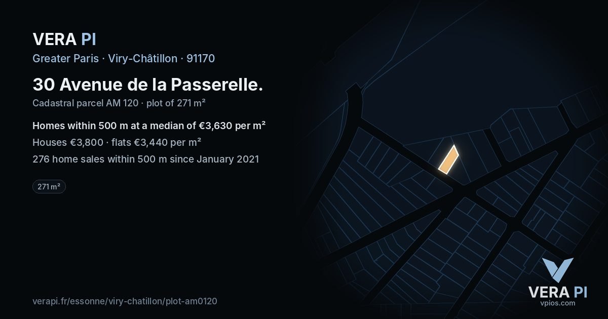 30 Avenue de la Passerelle, Viry-Châtillon at night – the plot lit, the parcels around coloured by the prices near them