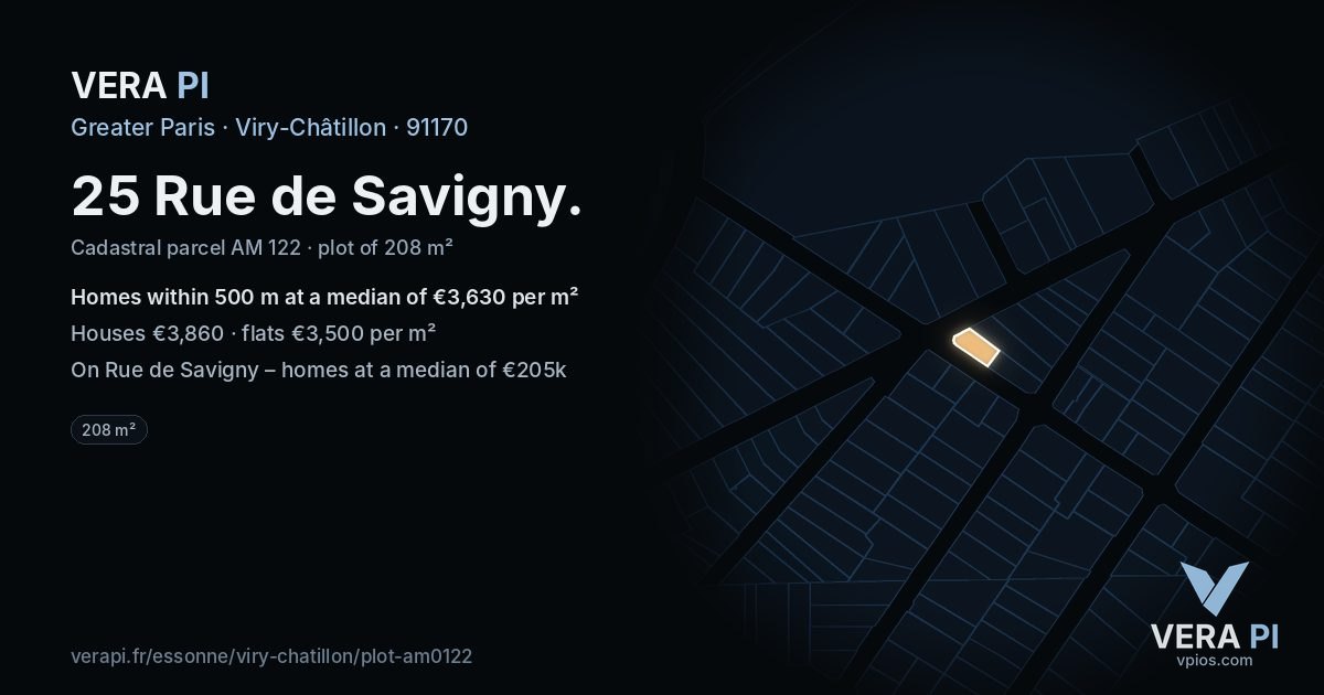 25 Rue de Savigny, Viry-Châtillon at night – the plot lit, the parcels around coloured by the prices near them