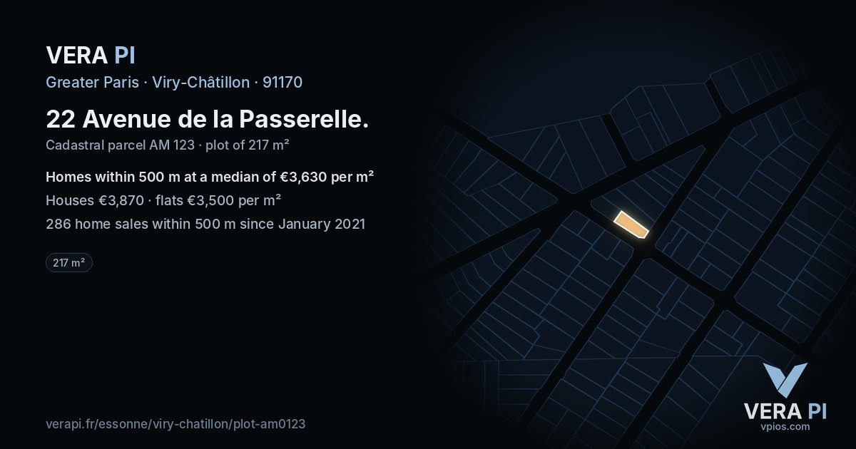 22 Avenue de la Passerelle, Viry-Châtillon at night – the plot lit, the parcels around coloured by the prices near them