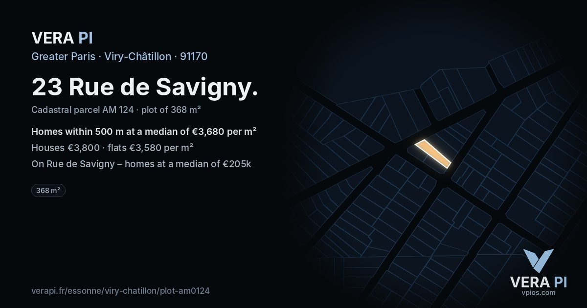 23 Rue de Savigny, Viry-Châtillon at night – the plot lit, the parcels around coloured by the prices near them