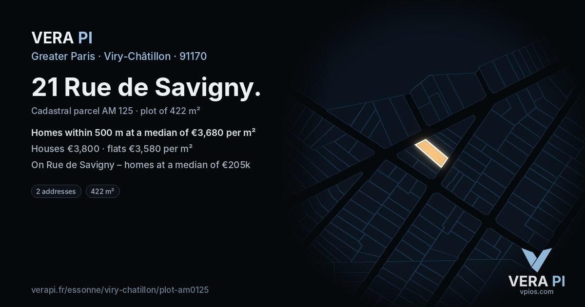 21 Rue de Savigny, Viry-Châtillon at night – the plot lit, the parcels around coloured by the prices near them