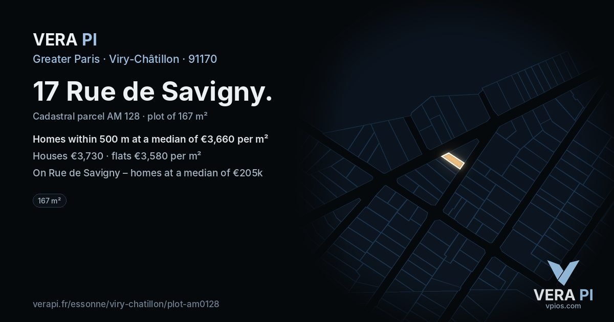 17 Rue de Savigny, Viry-Châtillon at night – the plot lit, the parcels around coloured by the prices near them
