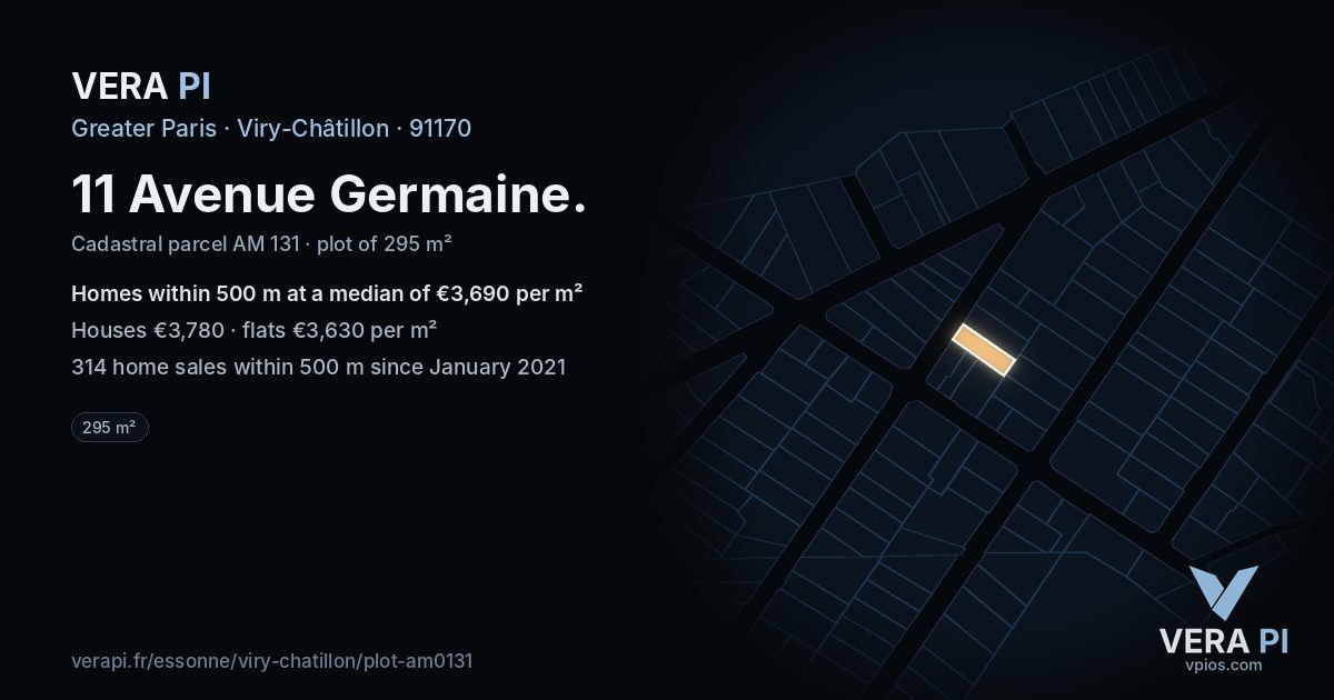 11 Avenue Germaine, Viry-Châtillon at night – the plot lit, the parcels around coloured by the prices near them