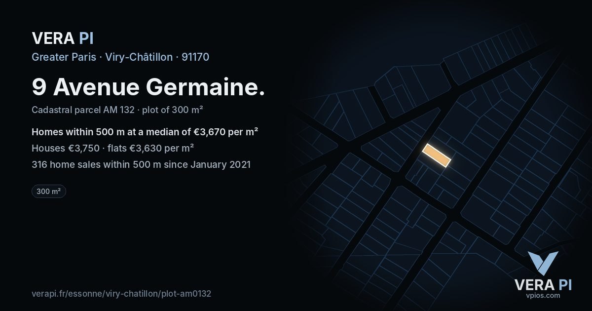 9 Avenue Germaine, Viry-Châtillon at night – the plot lit, the parcels around coloured by the prices near them
