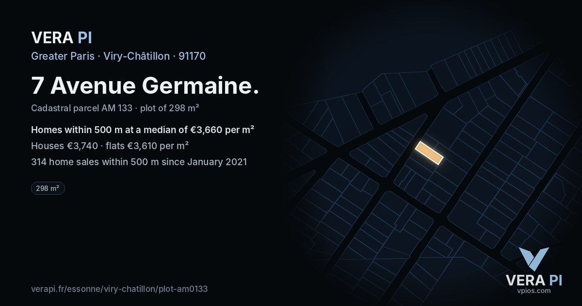 7 Avenue Germaine, Viry-Châtillon at night – the plot lit, the parcels around coloured by the prices near them