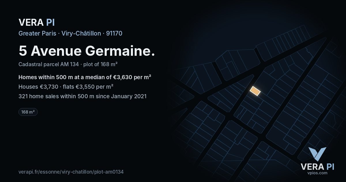 5 Avenue Germaine, Viry-Châtillon at night – the plot lit, the parcels around coloured by the prices near them