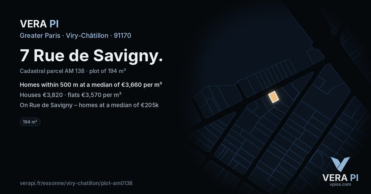 7 Rue de Savigny, Viry-Châtillon at night – the plot lit, the parcels around coloured by the prices near them