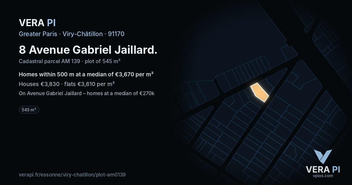 8 Avenue Gabriel Jaillard, Viry-Châtillon at night – the plot lit, the parcels around coloured by the prices near them