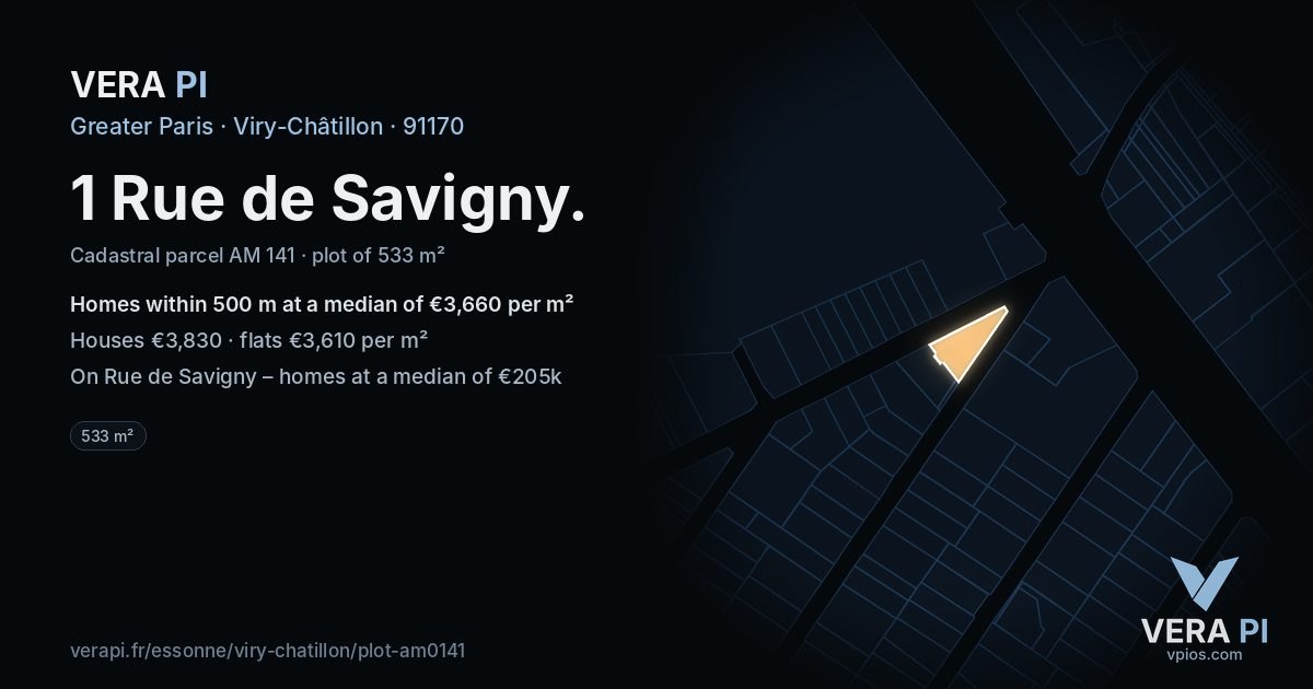 1 Rue de Savigny, Viry-Châtillon at night – the plot lit, the parcels around coloured by the prices near them