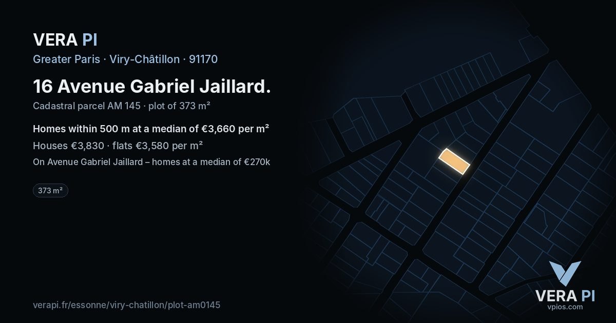 16 Avenue Gabriel Jaillard, Viry-Châtillon at night – the plot lit, the parcels around coloured by the prices near them