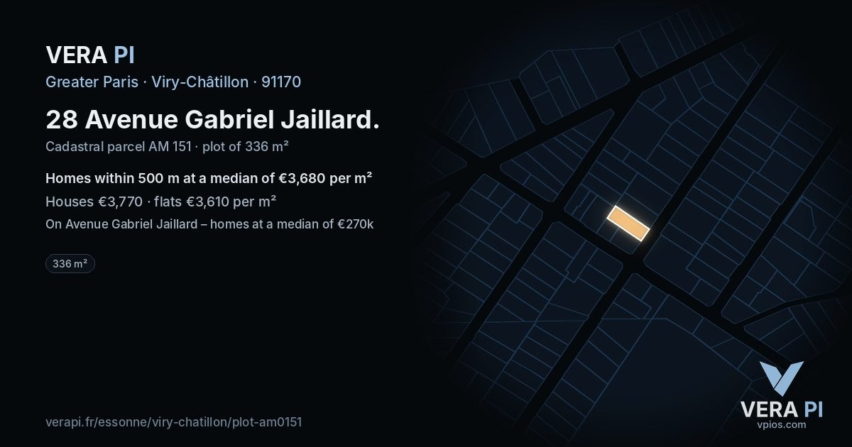 28 Avenue Gabriel Jaillard, Viry-Châtillon at night – the plot lit, the parcels around coloured by the prices near them