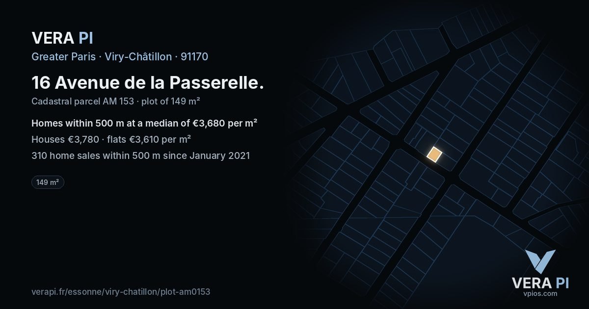 16 Avenue de la Passerelle, Viry-Châtillon at night – the plot lit, the parcels around coloured by the prices near them
