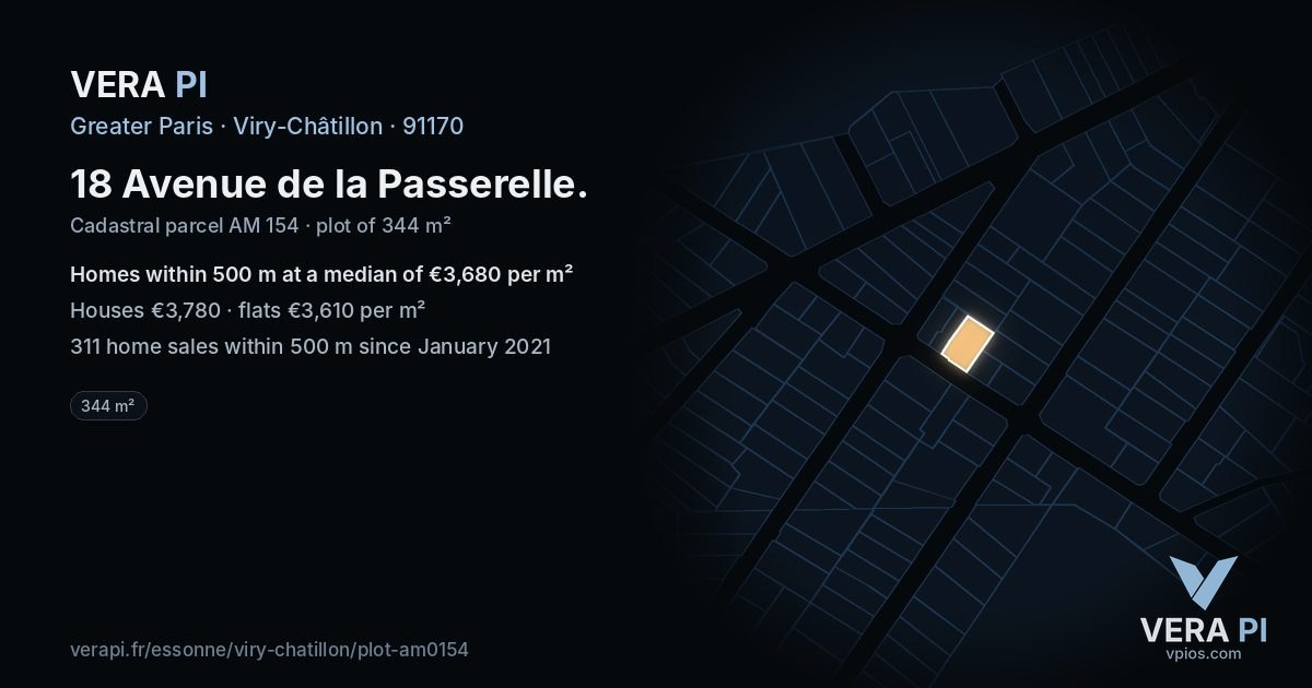18 Avenue de la Passerelle, Viry-Châtillon at night – the plot lit, the parcels around coloured by the prices near them