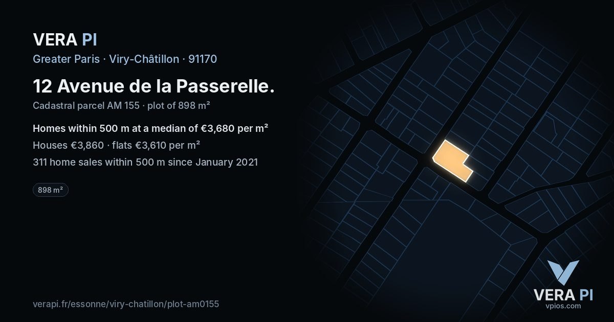12 Avenue de la Passerelle, Viry-Châtillon at night – the plot lit, the parcels around coloured by the prices near them