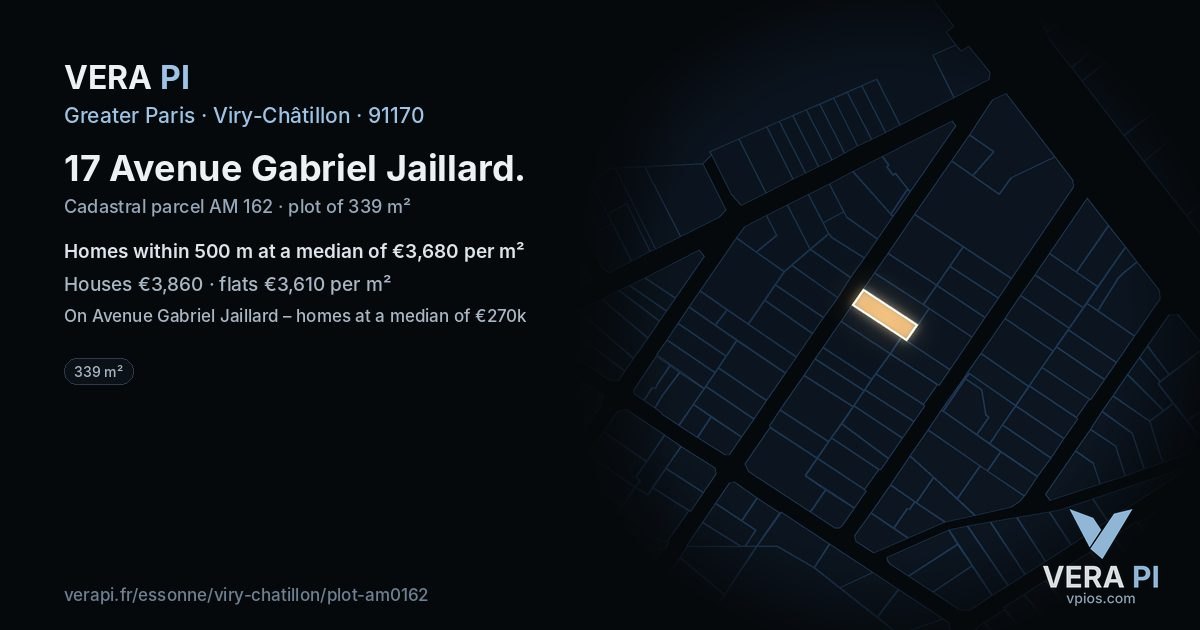 17 Avenue Gabriel Jaillard, Viry-Châtillon at night – the plot lit, the parcels around coloured by the prices near them