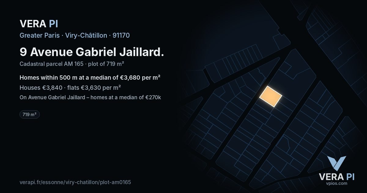 9 Avenue Gabriel Jaillard, Viry-Châtillon at night – the plot lit, the parcels around coloured by the prices near them