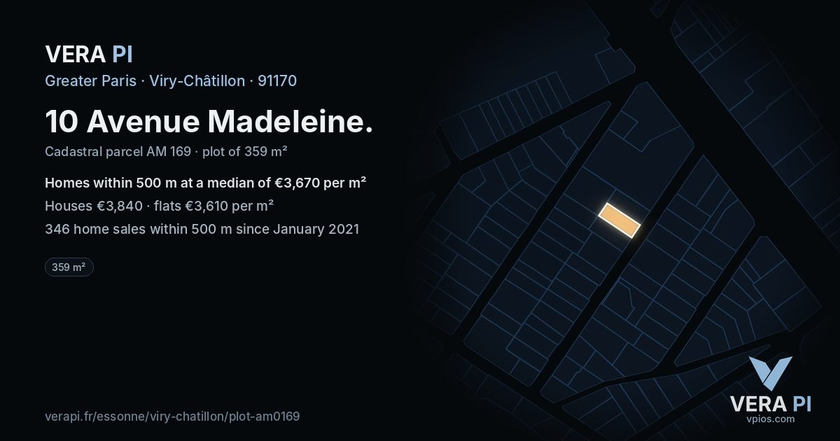 10 Avenue Madeleine, Viry-Châtillon at night – the plot lit, the parcels around coloured by the prices near them