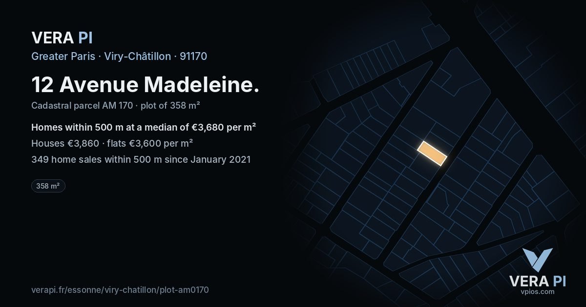 12 Avenue Madeleine, Viry-Châtillon at night – the plot lit, the parcels around coloured by the prices near them