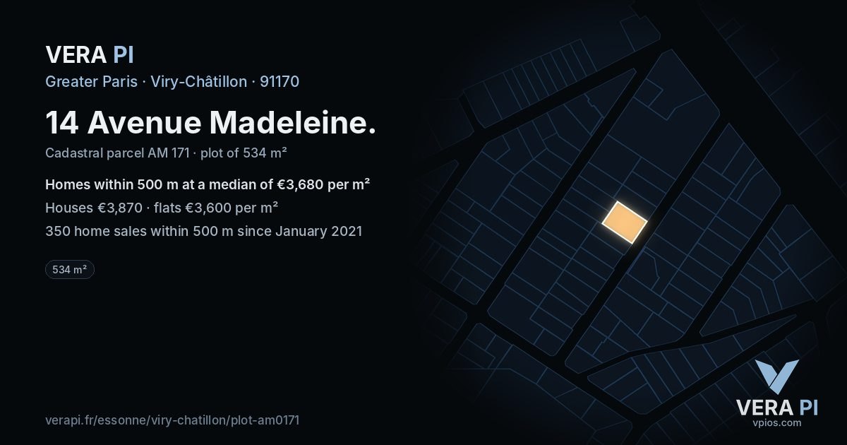14 Avenue Madeleine, Viry-Châtillon at night – the plot lit, the parcels around coloured by the prices near them