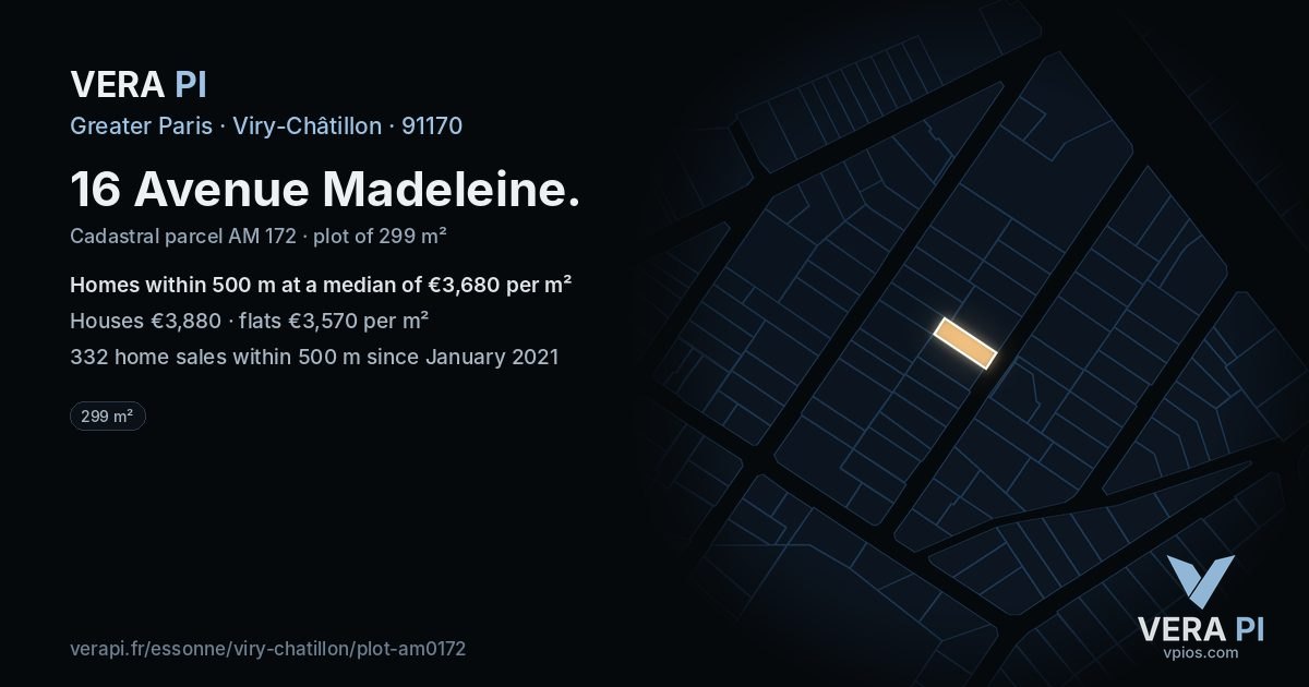 16 Avenue Madeleine, Viry-Châtillon at night – the plot lit, the parcels around coloured by the prices near them