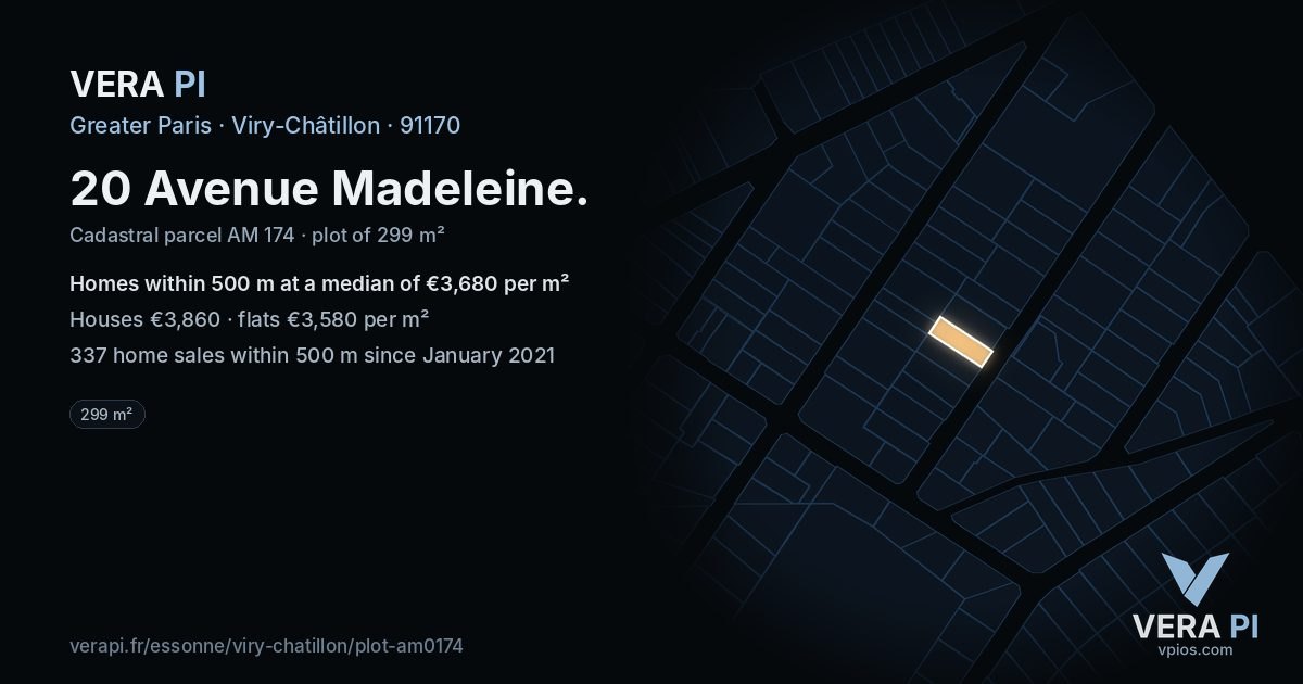 20 Avenue Madeleine, Viry-Châtillon at night – the plot lit, the parcels around coloured by the prices near them