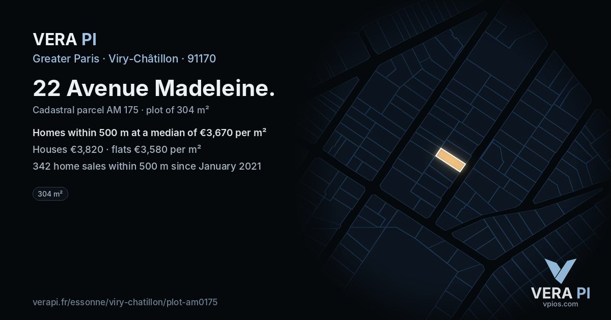 22 Avenue Madeleine, Viry-Châtillon at night – the plot lit, the parcels around coloured by the prices near them
