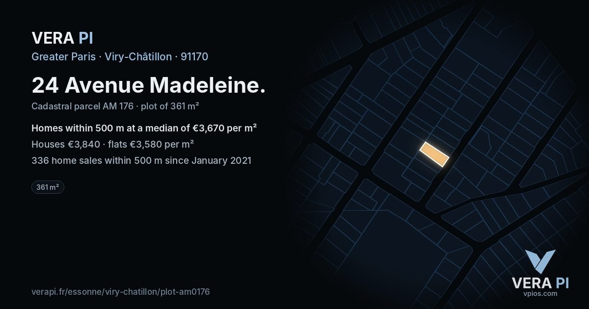 24 Avenue Madeleine, Viry-Châtillon at night – the plot lit, the parcels around coloured by the prices near them