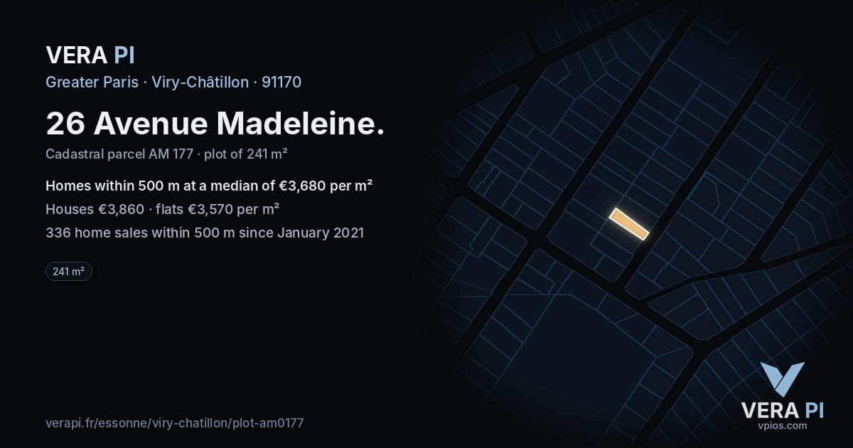 26 Avenue Madeleine, Viry-Châtillon at night – the plot lit, the parcels around coloured by the prices near them