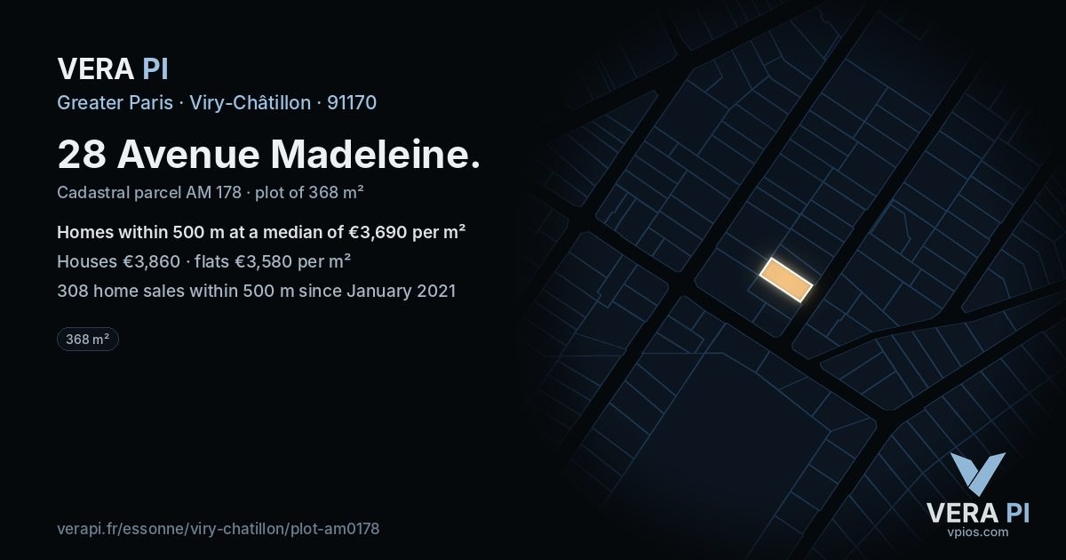 28 Avenue Madeleine, Viry-Châtillon at night – the plot lit, the parcels around coloured by the prices near them