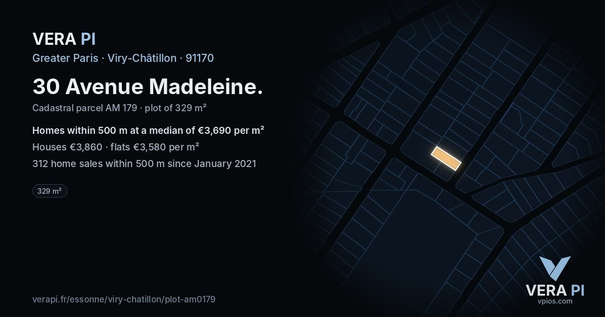 30 Avenue Madeleine, Viry-Châtillon at night – the plot lit, the parcels around coloured by the prices near them