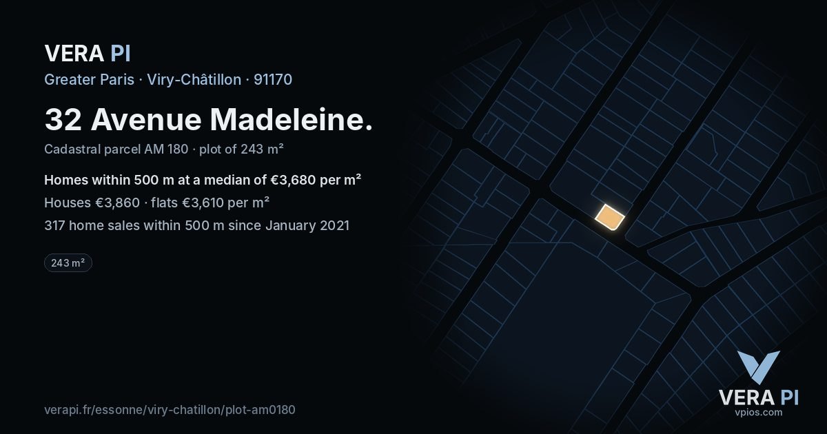 32 Avenue Madeleine, Viry-Châtillon at night – the plot lit, the parcels around coloured by the prices near them