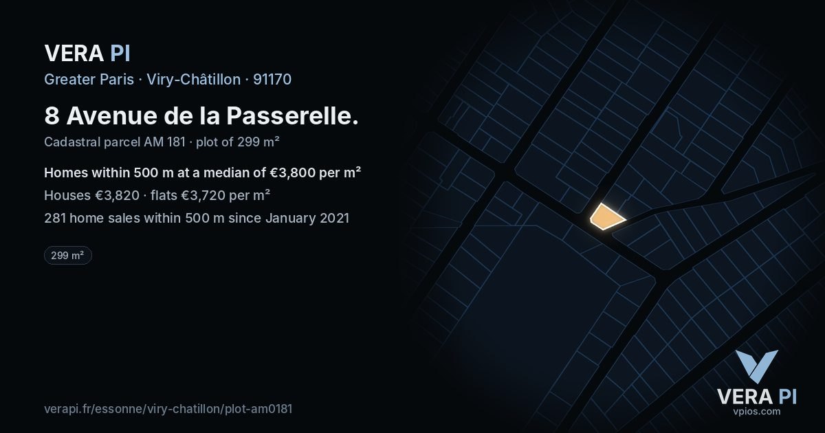 8 Avenue de la Passerelle, Viry-Châtillon at night – the plot lit, the parcels around coloured by the prices near them
