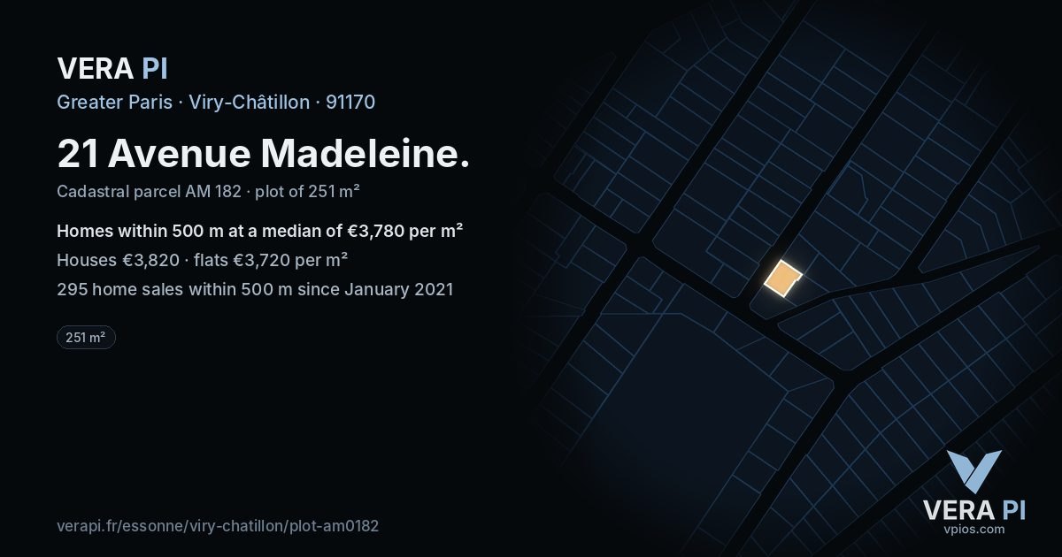 21 Avenue Madeleine, Viry-Châtillon at night – the plot lit, the parcels around coloured by the prices near them