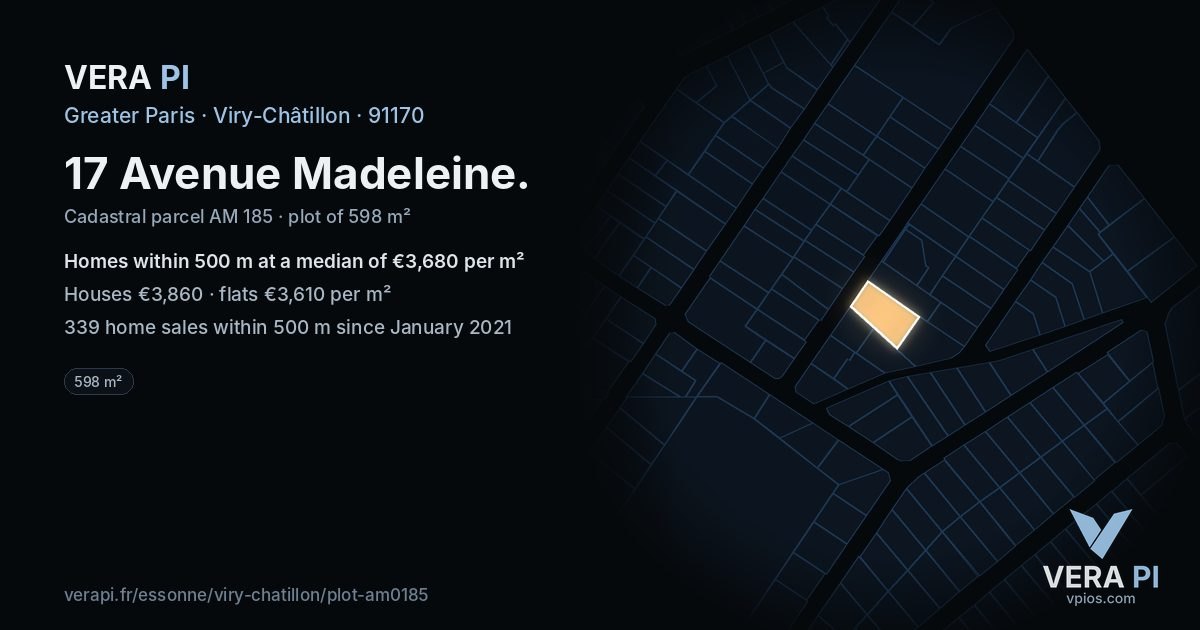 17 Avenue Madeleine, Viry-Châtillon at night – the plot lit, the parcels around coloured by the prices near them