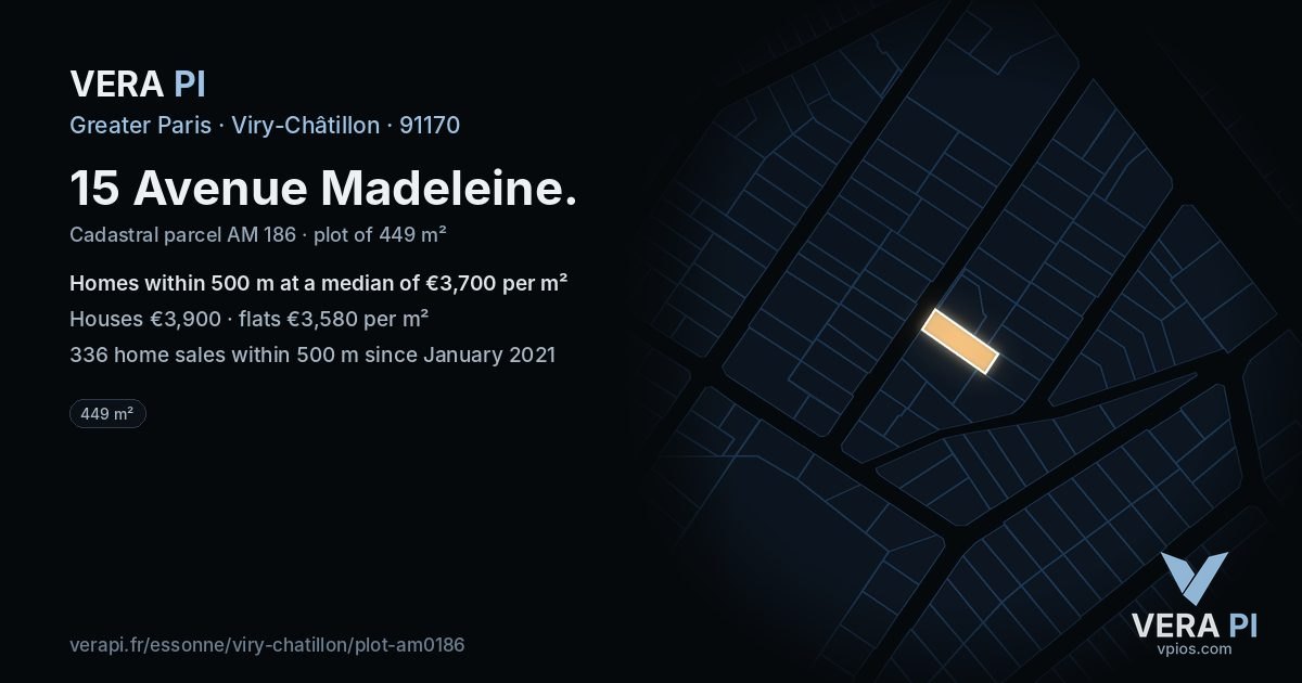 15 Avenue Madeleine, Viry-Châtillon at night – the plot lit, the parcels around coloured by the prices near them