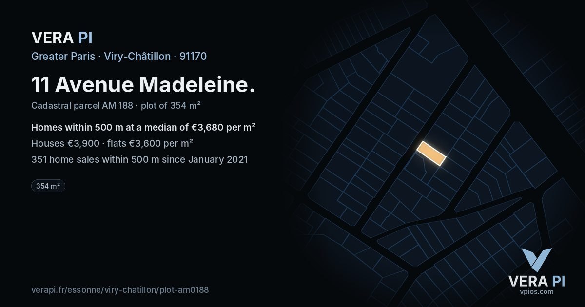11 Avenue Madeleine, Viry-Châtillon at night – the plot lit, the parcels around coloured by the prices near them