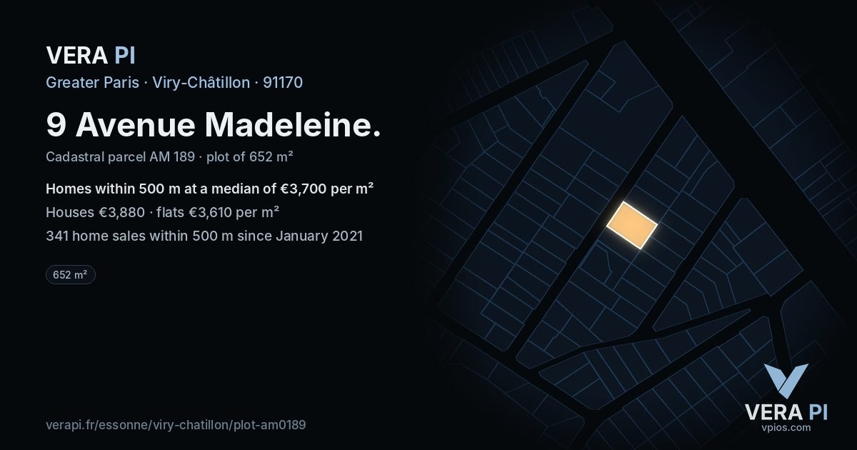 9 Avenue Madeleine, Viry-Châtillon at night – the plot lit, the parcels around coloured by the prices near them