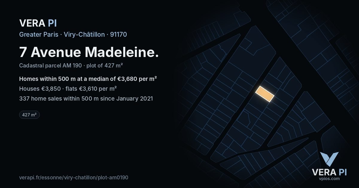 7 Avenue Madeleine, Viry-Châtillon at night – the plot lit, the parcels around coloured by the prices near them