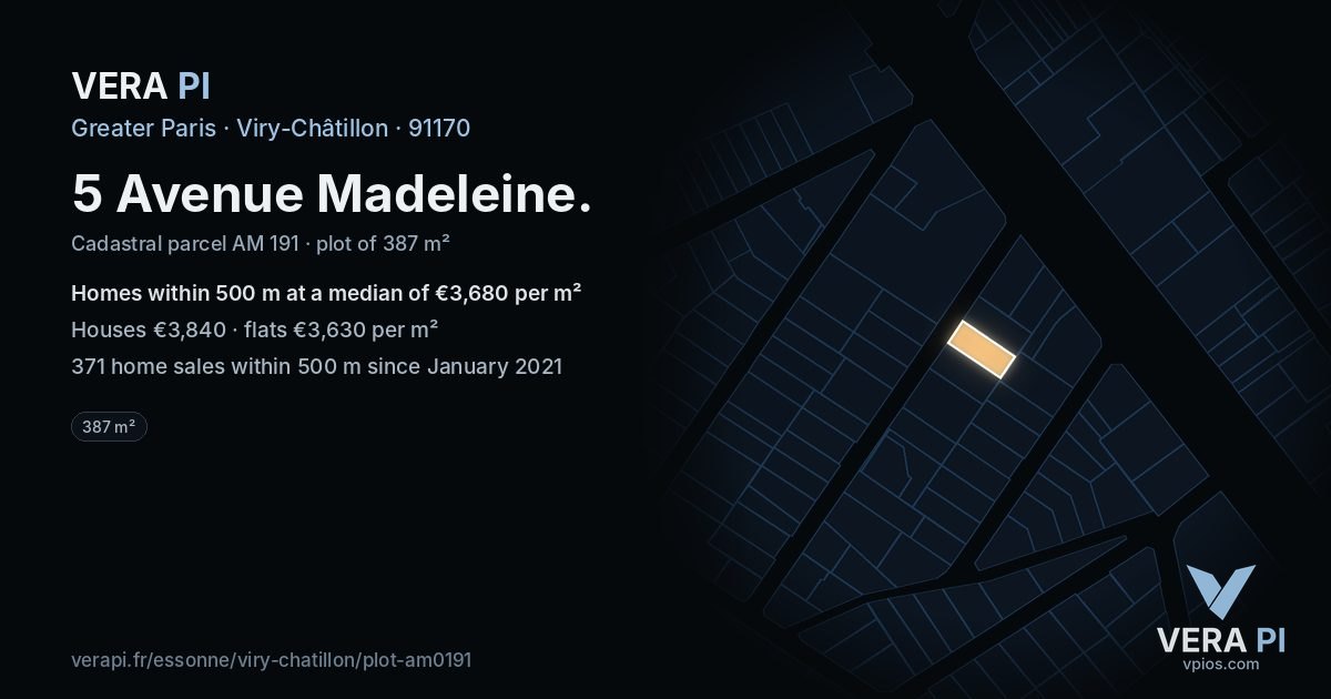 5 Avenue Madeleine, Viry-Châtillon at night – the plot lit, the parcels around coloured by the prices near them