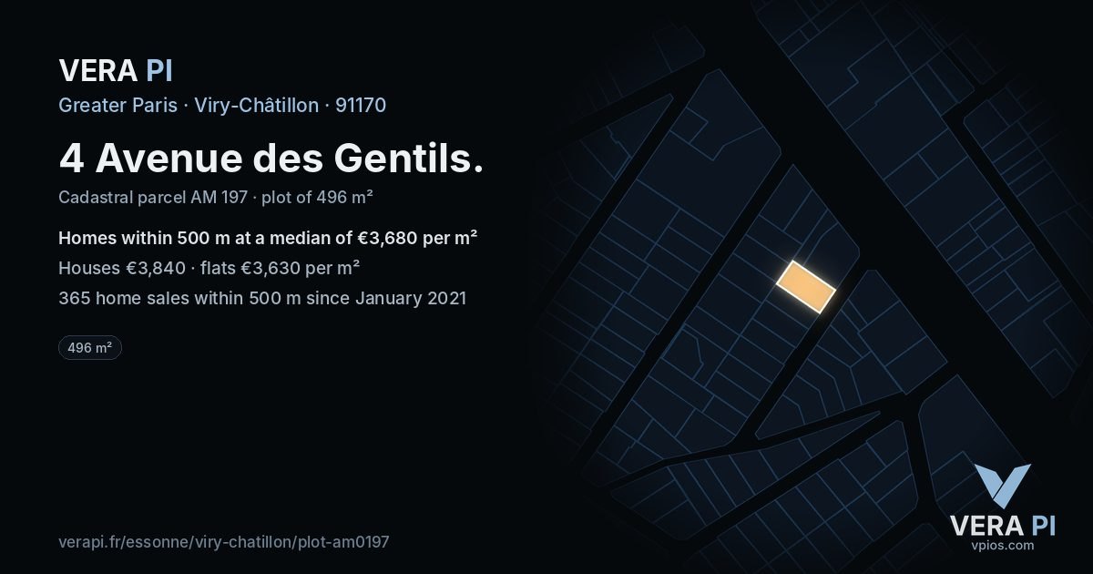 4 Avenue des Gentils, Viry-Châtillon at night – the plot lit, the parcels around coloured by the prices near them