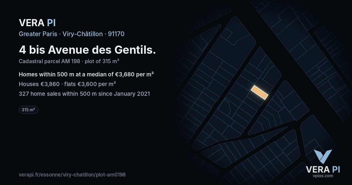 4 bis Avenue des Gentils, Viry-Châtillon at night – the plot lit, the parcels around coloured by the prices near them