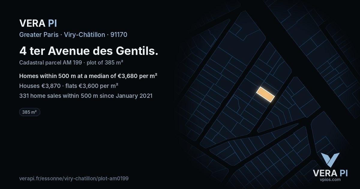 4 ter Avenue des Gentils, Viry-Châtillon at night – the plot lit, the parcels around coloured by the prices near them