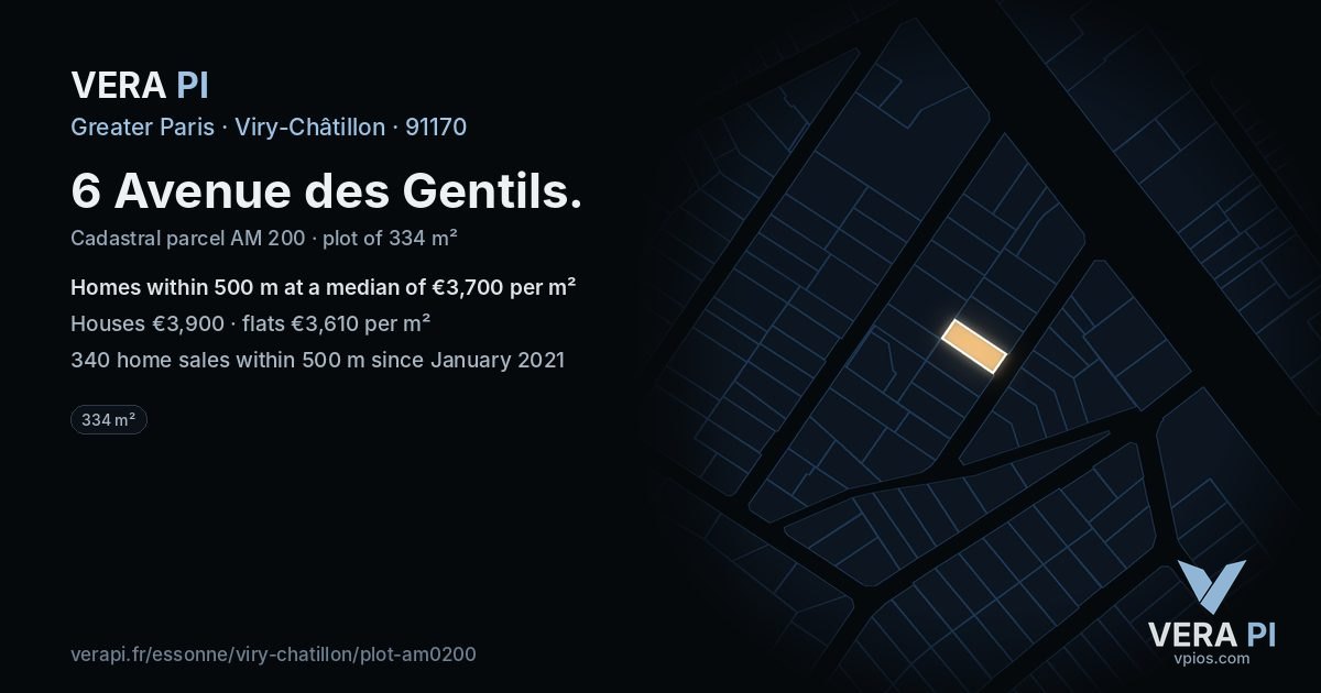 6 Avenue des Gentils, Viry-Châtillon at night – the plot lit, the parcels around coloured by the prices near them