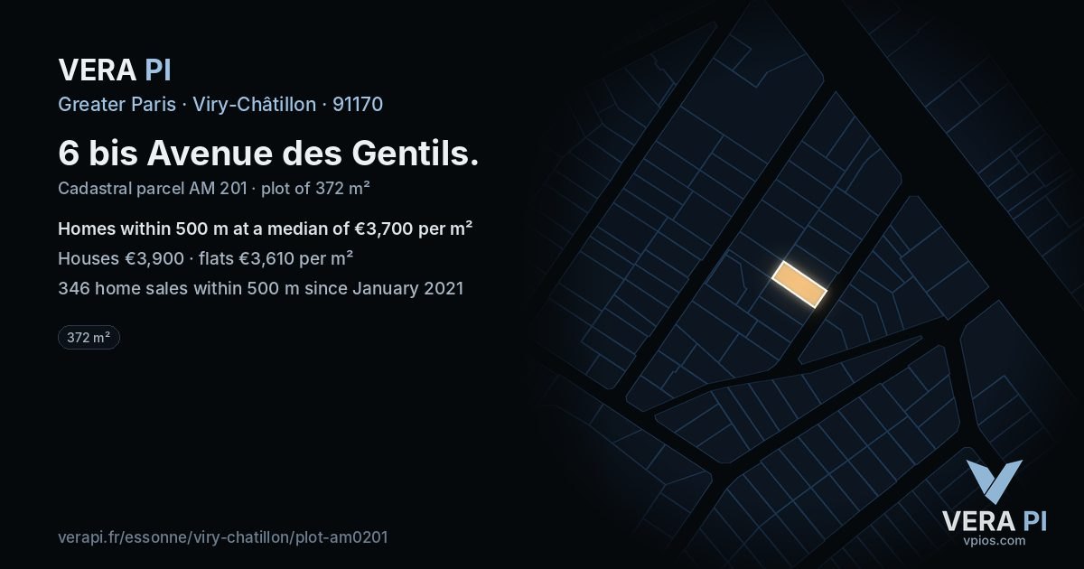 6 bis Avenue des Gentils, Viry-Châtillon at night – the plot lit, the parcels around coloured by the prices near them