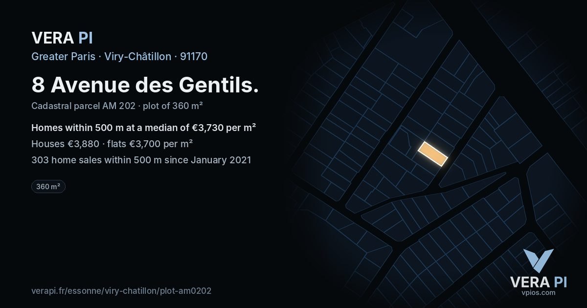8 Avenue des Gentils, Viry-Châtillon at night – the plot lit, the parcels around coloured by the prices near them