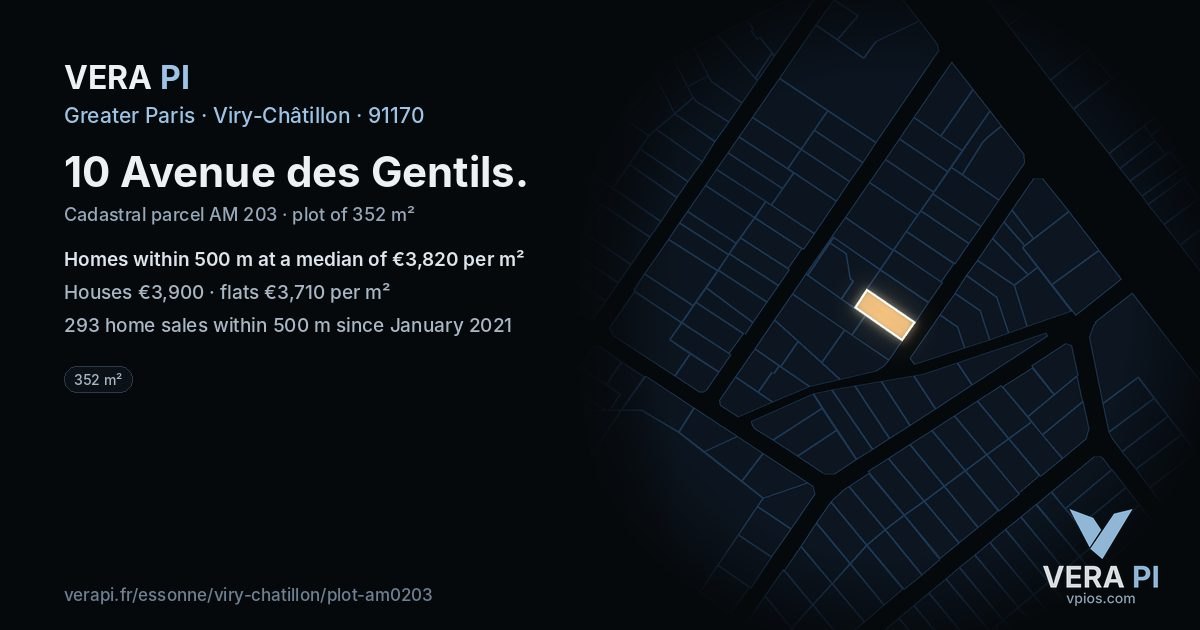 10 Avenue des Gentils, Viry-Châtillon at night – the plot lit, the parcels around coloured by the prices near them