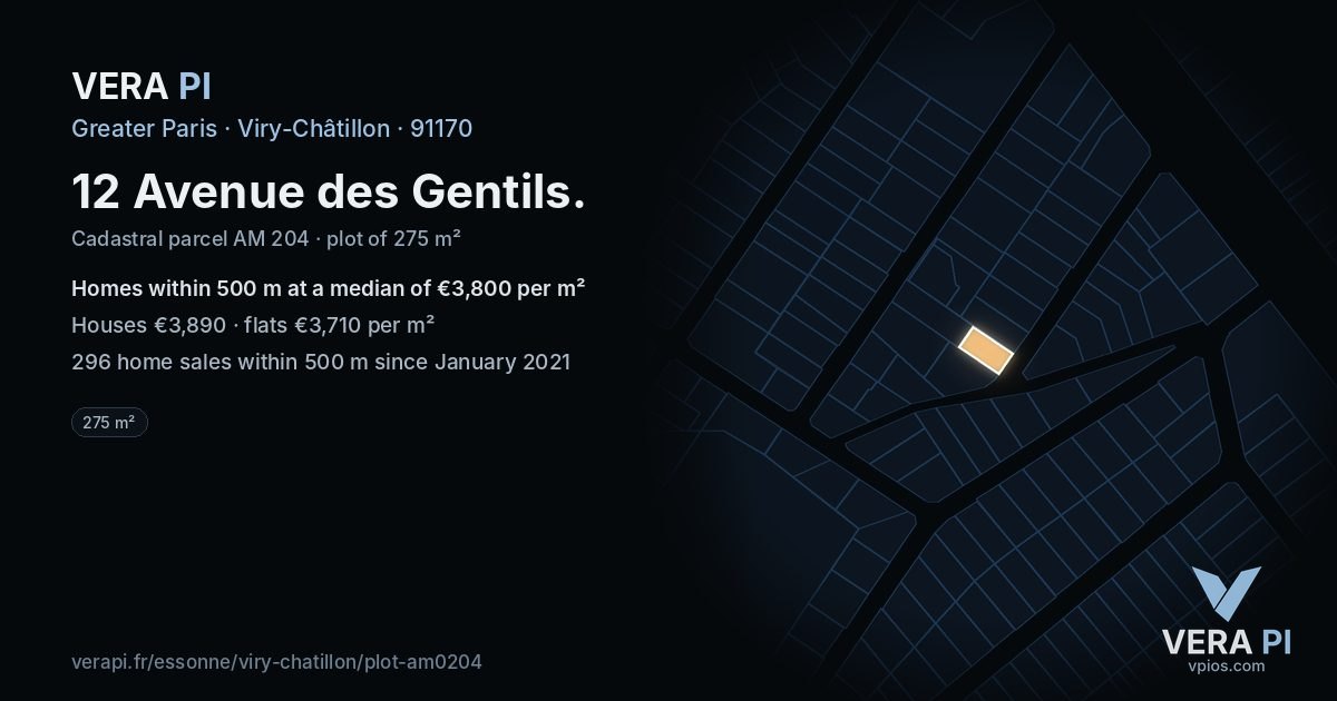 12 Avenue des Gentils, Viry-Châtillon at night – the plot lit, the parcels around coloured by the prices near them