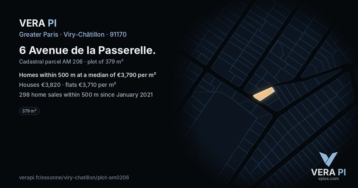 6 Avenue de la Passerelle, Viry-Châtillon at night – the plot lit, the parcels around coloured by the prices near them