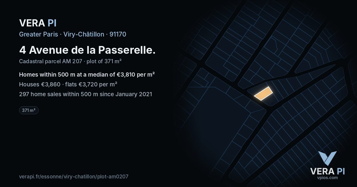 4 Avenue de la Passerelle, Viry-Châtillon at night – the plot lit, the parcels around coloured by the prices near them